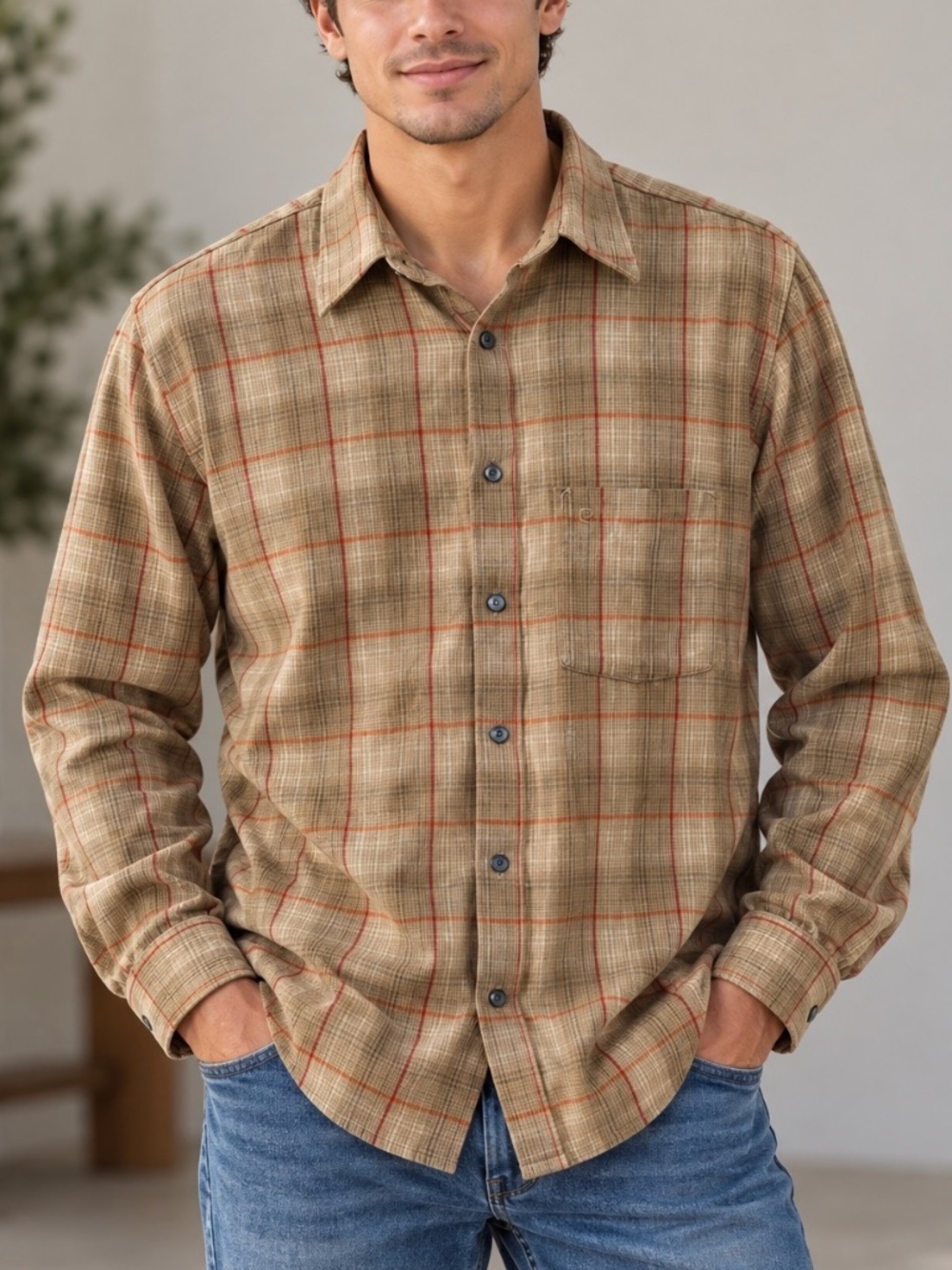 Pierre Cardin Flannel Shirt Mens Size XL Beige Plaid Button Down 100% Cotton